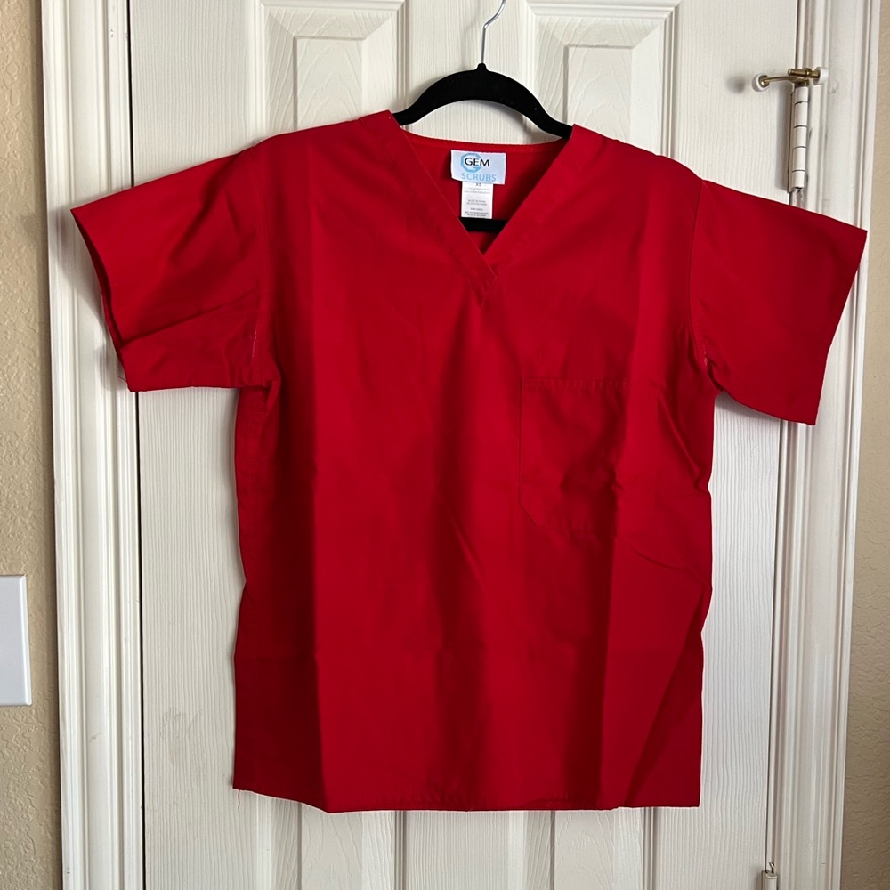 Red V-neck scrub top
